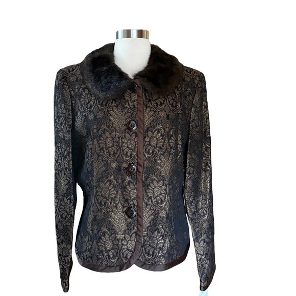 Enrico Baldini Brown Metallic Damask Brocade Jacket with Faux Fur Collar 14 - Picture 2 of 8